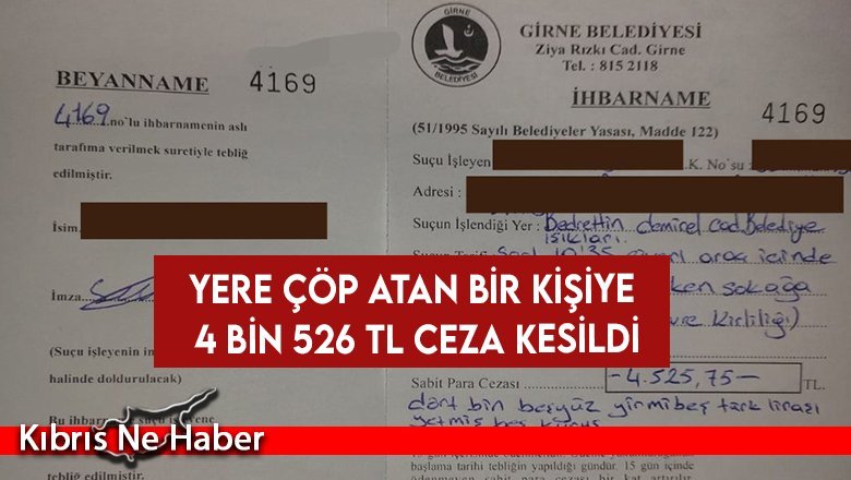 Girne’de yere çöp atan kişiye 4 bin 526 TL ceza kesildi
