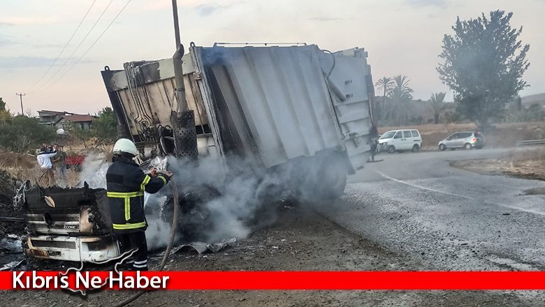 Güzelyurt Belediyesi'nin çöp kamyonu yanarak kullanılamaz hale geldi...
